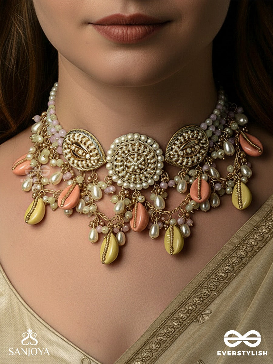 Heerlehra - Waves Of Radiant Glimmer - Delicate Necklace With Sunburst Motifs, Pastel Drops And Pearl Strands