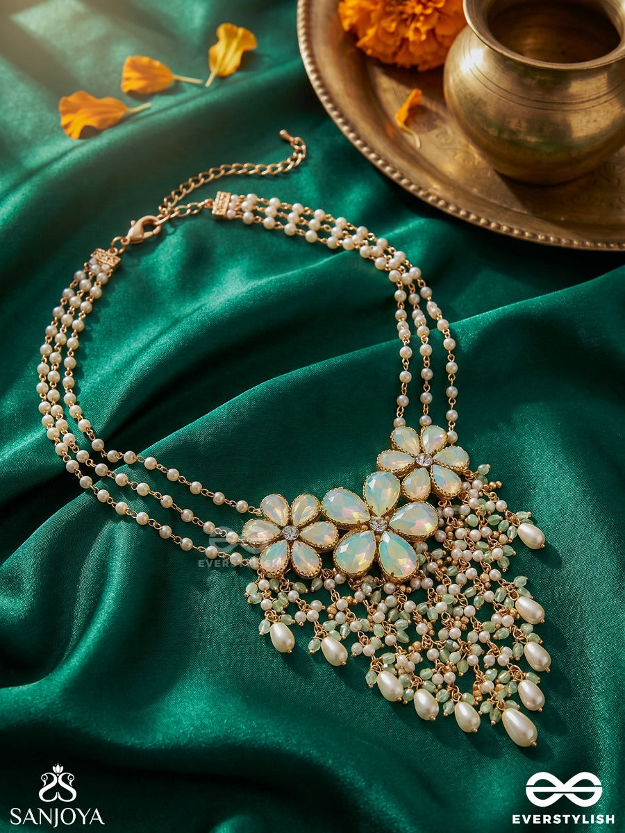 Meharbel - Vine Of Grace - Ornamented Necklace With Petal-Shaped Stones And Pearl-Lined Chains
