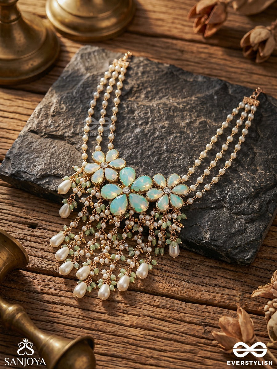 Meharbel - Vine Of Grace - Ornamented Necklace With Petal-Shaped Stones And Pearl-Lined Chains