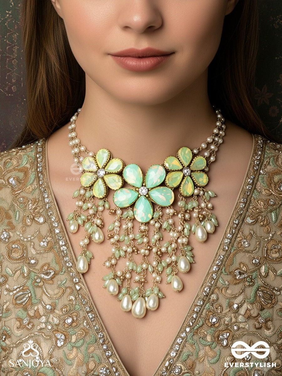 Meharbel - Vine Of Grace - Ornamented Necklace With Petal-Shaped Stones And Pearl-Lined Chains