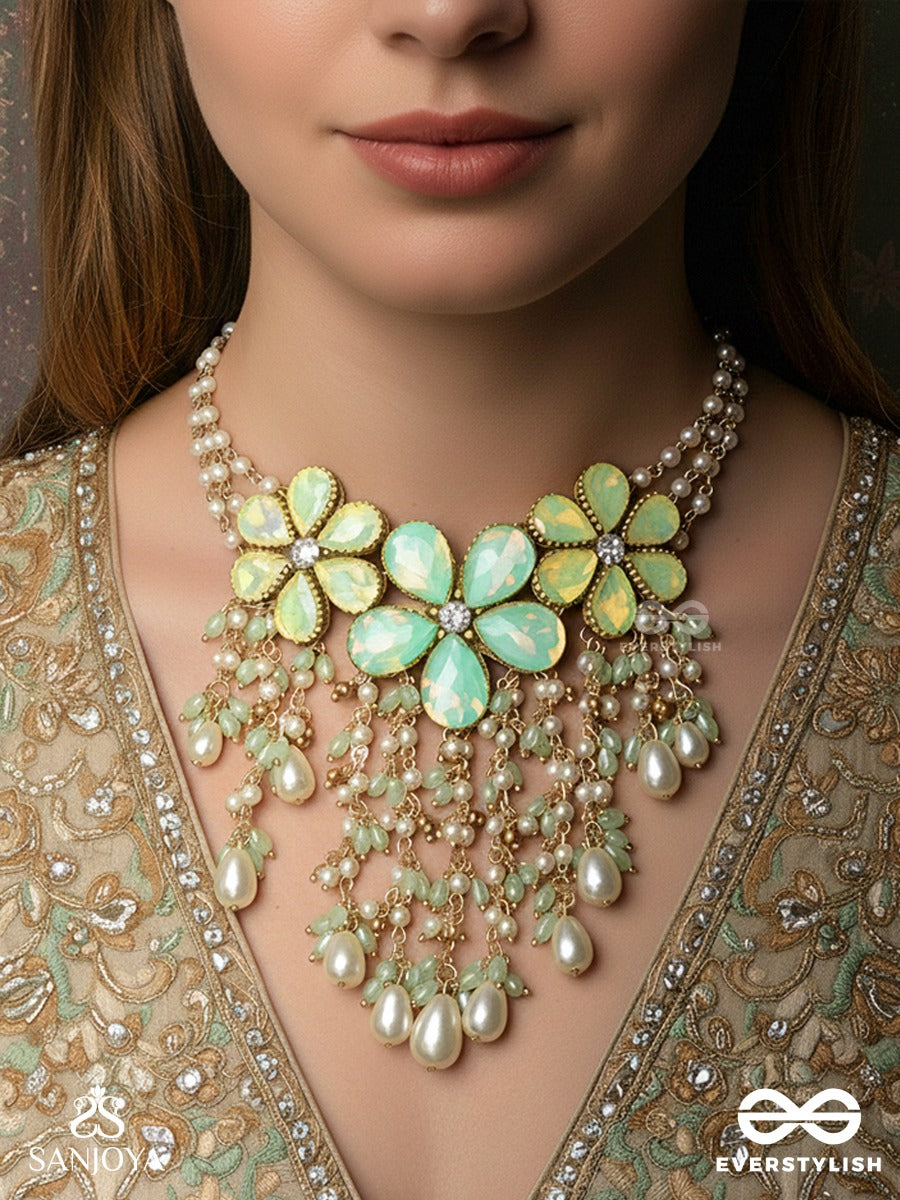 Meharbel - Vine Of Grace - Ornamented Necklace With Petal-Shaped Stones And Pearl-Lined Chains