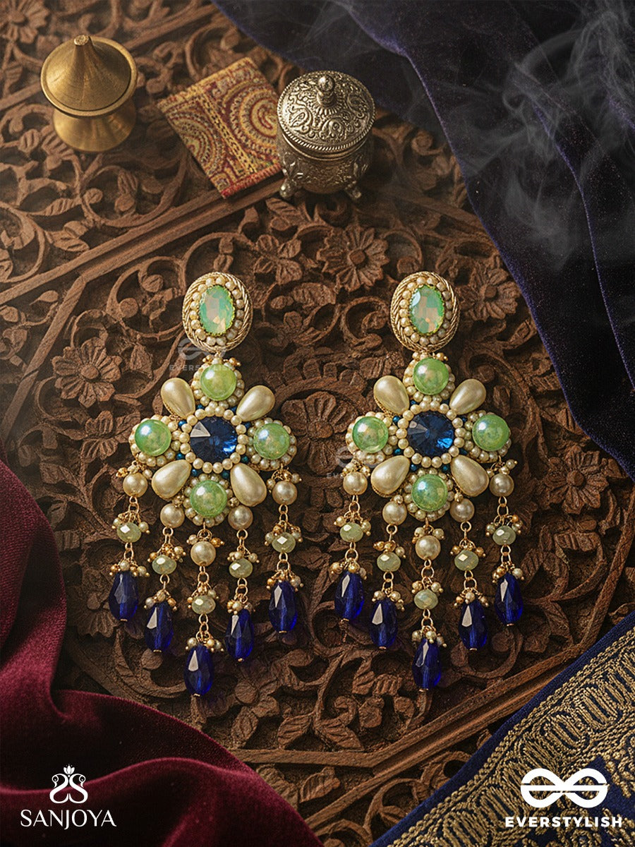 Neelvanika - Forest Of Blue Blooms - Floral Earrings With Mint Stone Petals And Deep Blue Drop Accents