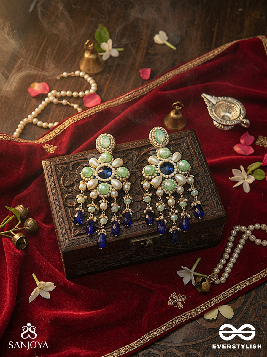 Neelvanika - Forest Of Blue Blooms - Floral Earrings With Mint Stone Petals And Deep Blue Drop Accents