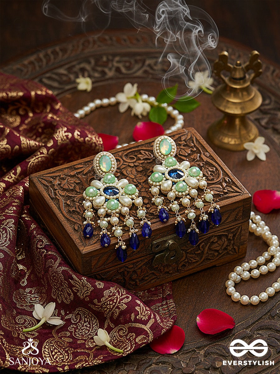 Neelvanika - Forest Of Blue Blooms - Floral Earrings With Mint Stone Petals And Deep Blue Drop Accents
