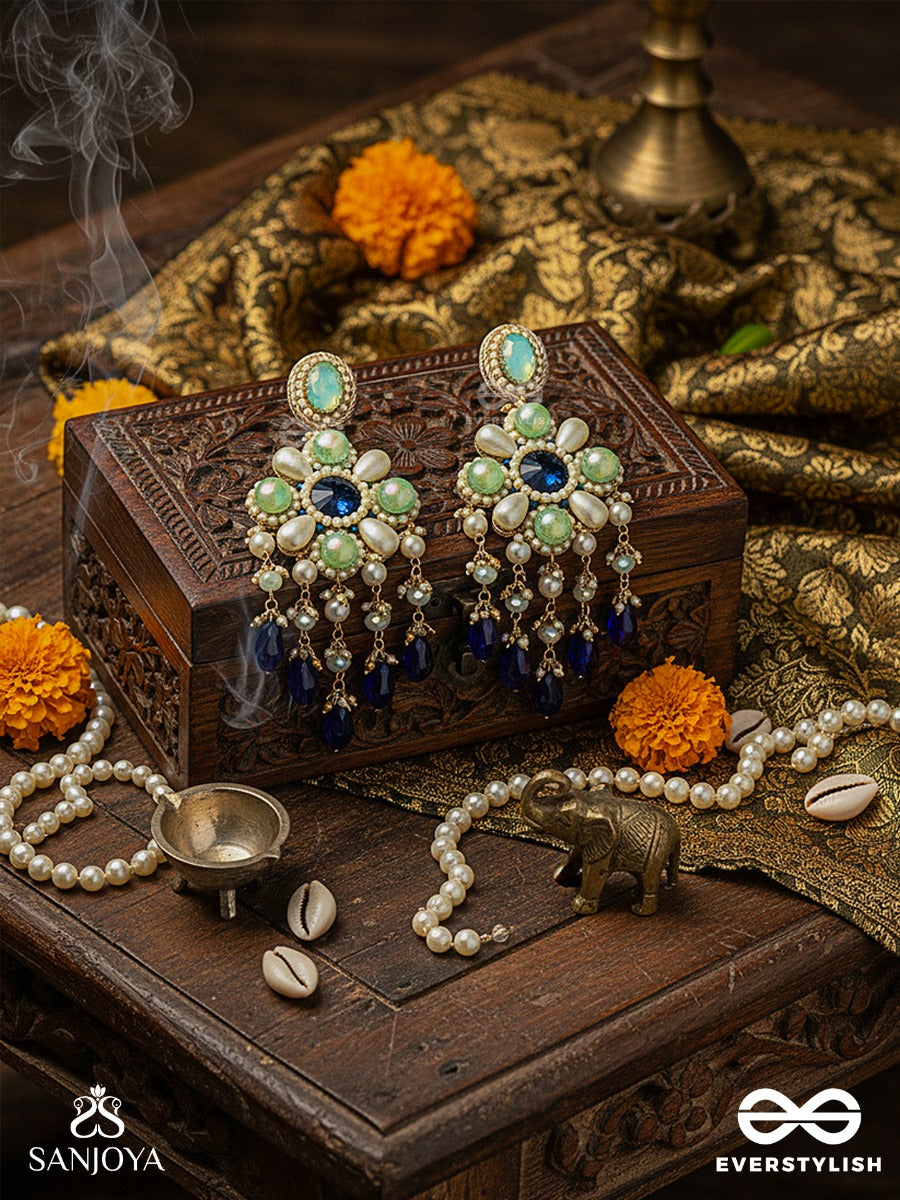Neelvanika - Forest Of Blue Blooms - Floral Earrings With Mint Stone Petals And Deep Blue Drop Accents