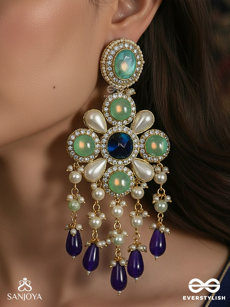 Neelvanika - Forest Of Blue Blooms - Floral Earrings With Mint Stone Petals And Deep Blue Drop Accents