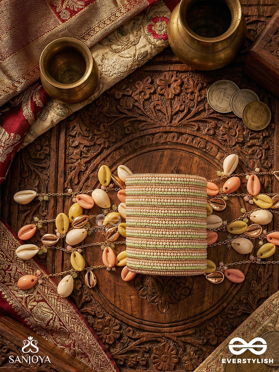 Saagarika - Daughter Of The Tides - Textured Cuff With Multi-Strand Pearl Detail And Sun-Kissed Charm Drops