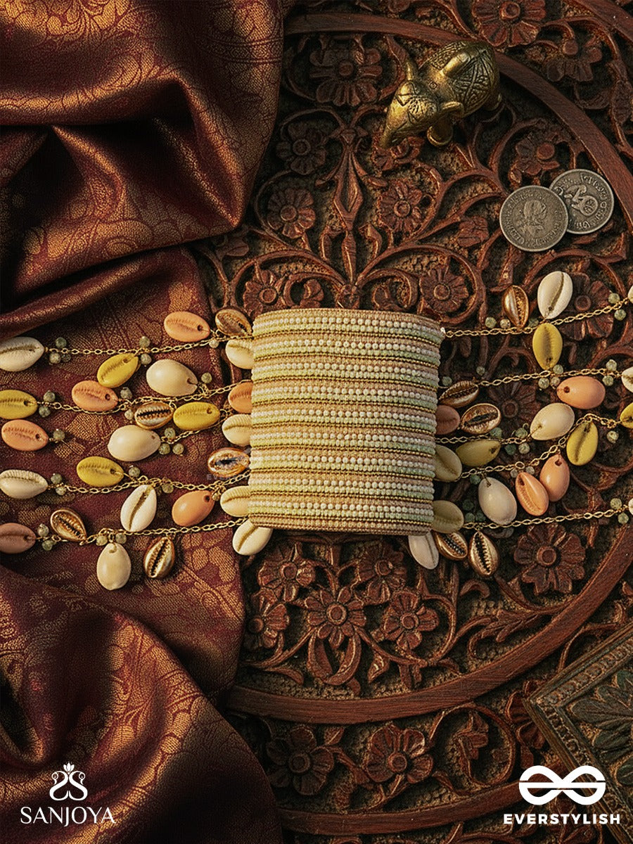 Saagarika - Daughter Of The Tides - Textured Cuff With Multi-Strand Pearl Detail And Sun-Kissed Charm Drops