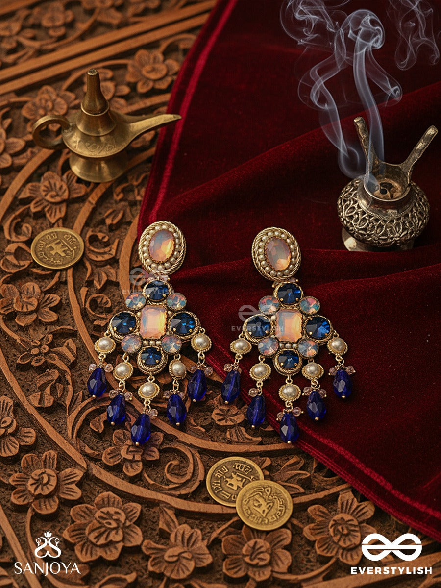 Neelrashmi - Ray Of Midnight Light - Statement Earrings With Sapphire-Tone Stones, Blush Centre Detail And Dramatic Drop Accents