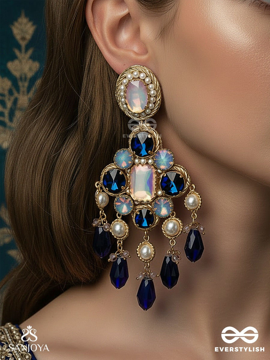Neelrashmi - Ray Of Midnight Light - Statement Earrings With Sapphire-Tone Stones, Blush Centre Detail And Dramatic Drop Accents