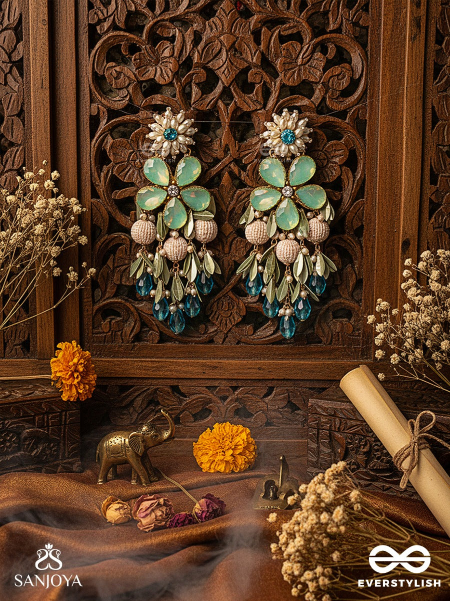 Neelpushpa - Blue Blossom Of The Sky - Floral Earrings With Mint Petal Stones And Sky-Blue Drop Accents