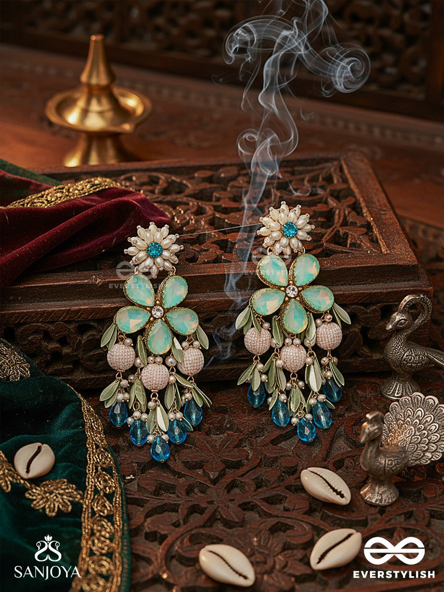 Neelpushpa - Blue Blossom Of The Sky - Floral Earrings With Mint Petal Stones And Sky-Blue Drop Accents