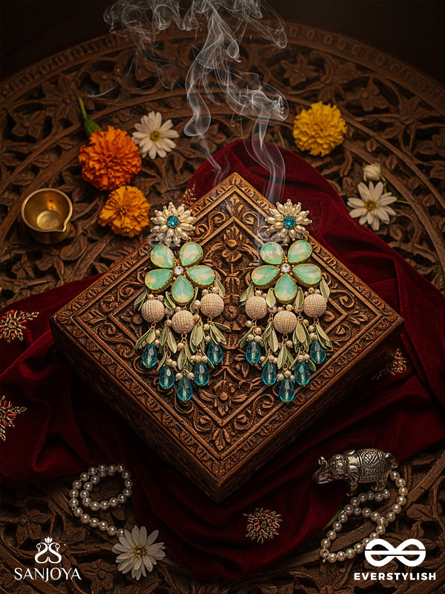 Neelpushpa - Blue Blossom Of The Sky - Floral Earrings With Mint Petal Stones And Sky-Blue Drop Accents