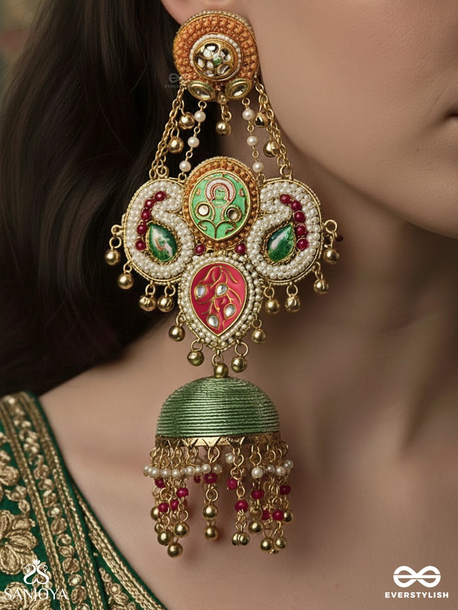 Devyanika - Divine Celebration - Ornamented Chandelier Earrings With Colour-Rich Panels And A Textured Dome Finish