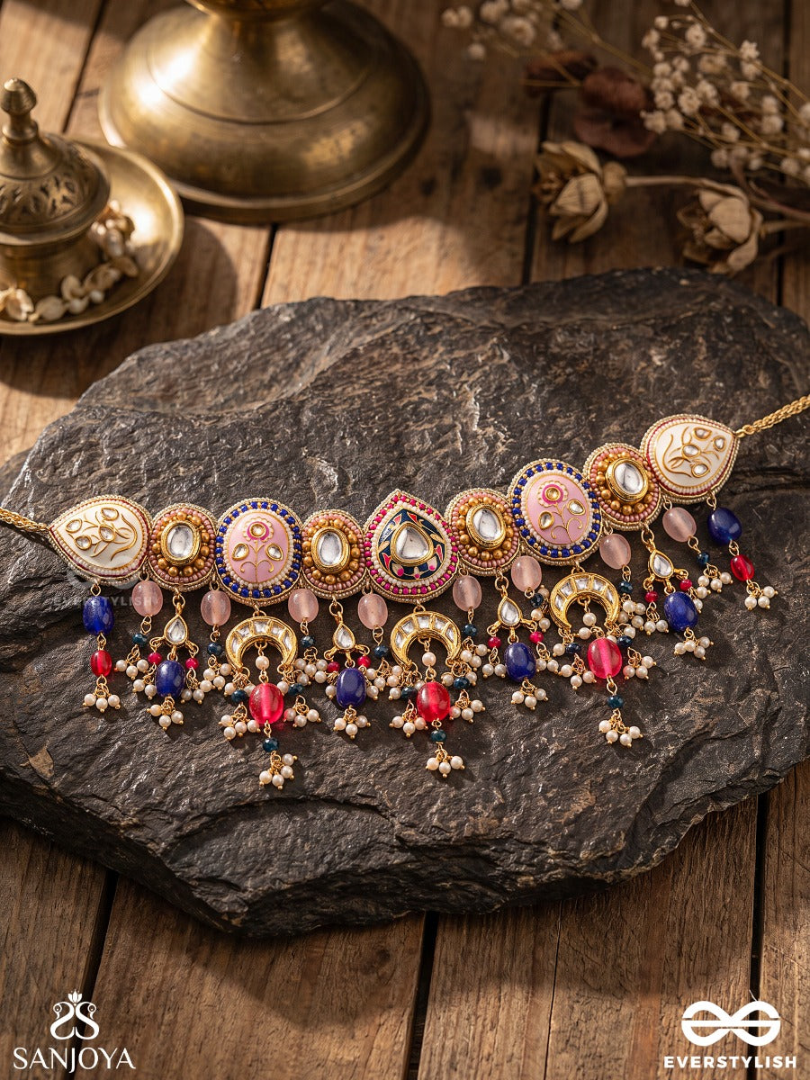 Manichitra - Jewelled Artistry - Ornate Neckpiece With Decorative Medallions And Bead Fringe