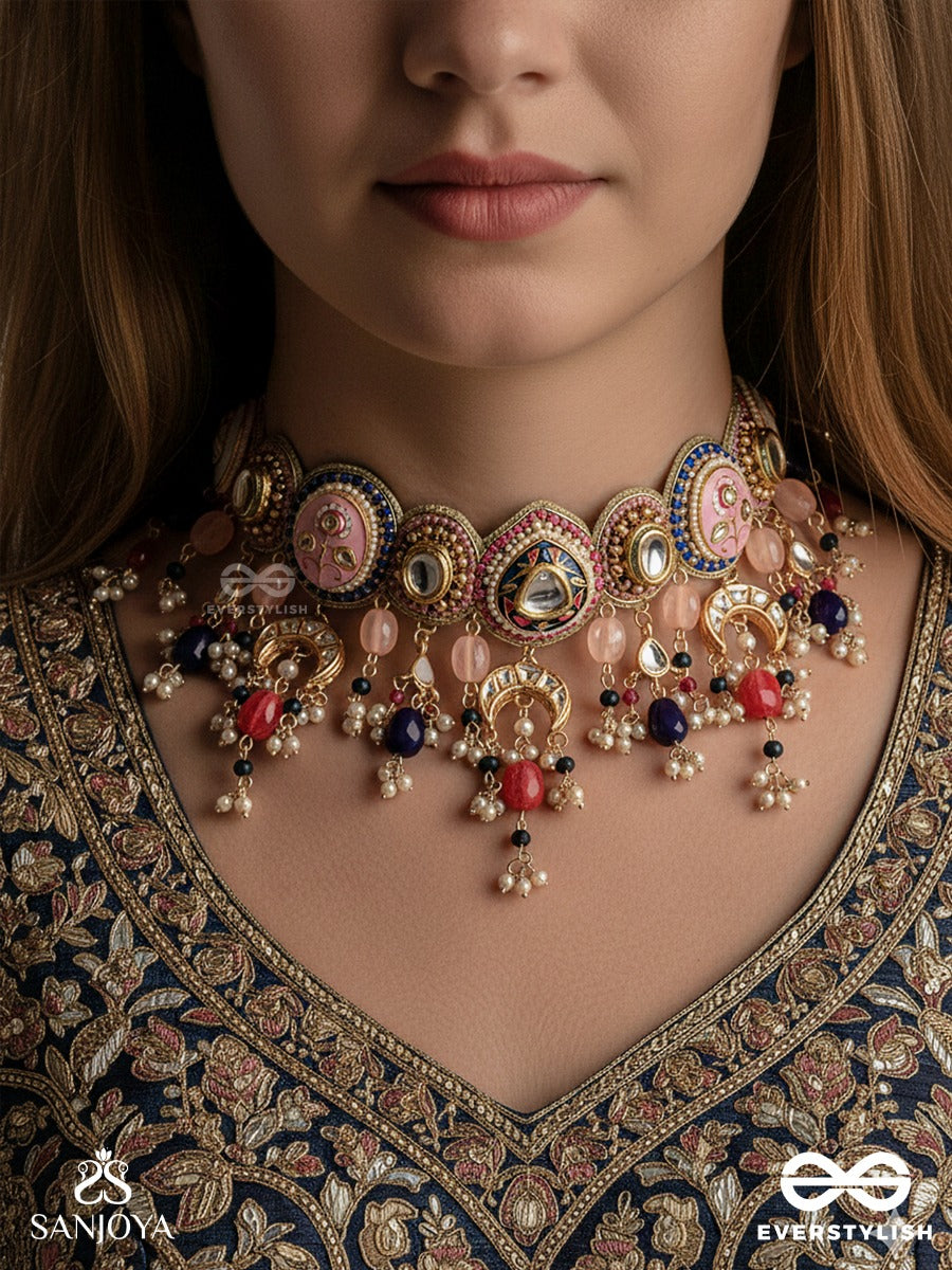 Manichitra - Jewelled Artistry - Ornate Neckpiece With Decorative Medallions And Bead Fringe