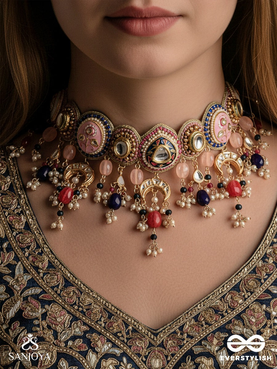 Manichitra - Jewelled Artistry - Ornate Neckpiece With Decorative Medallions And Bead Fringe