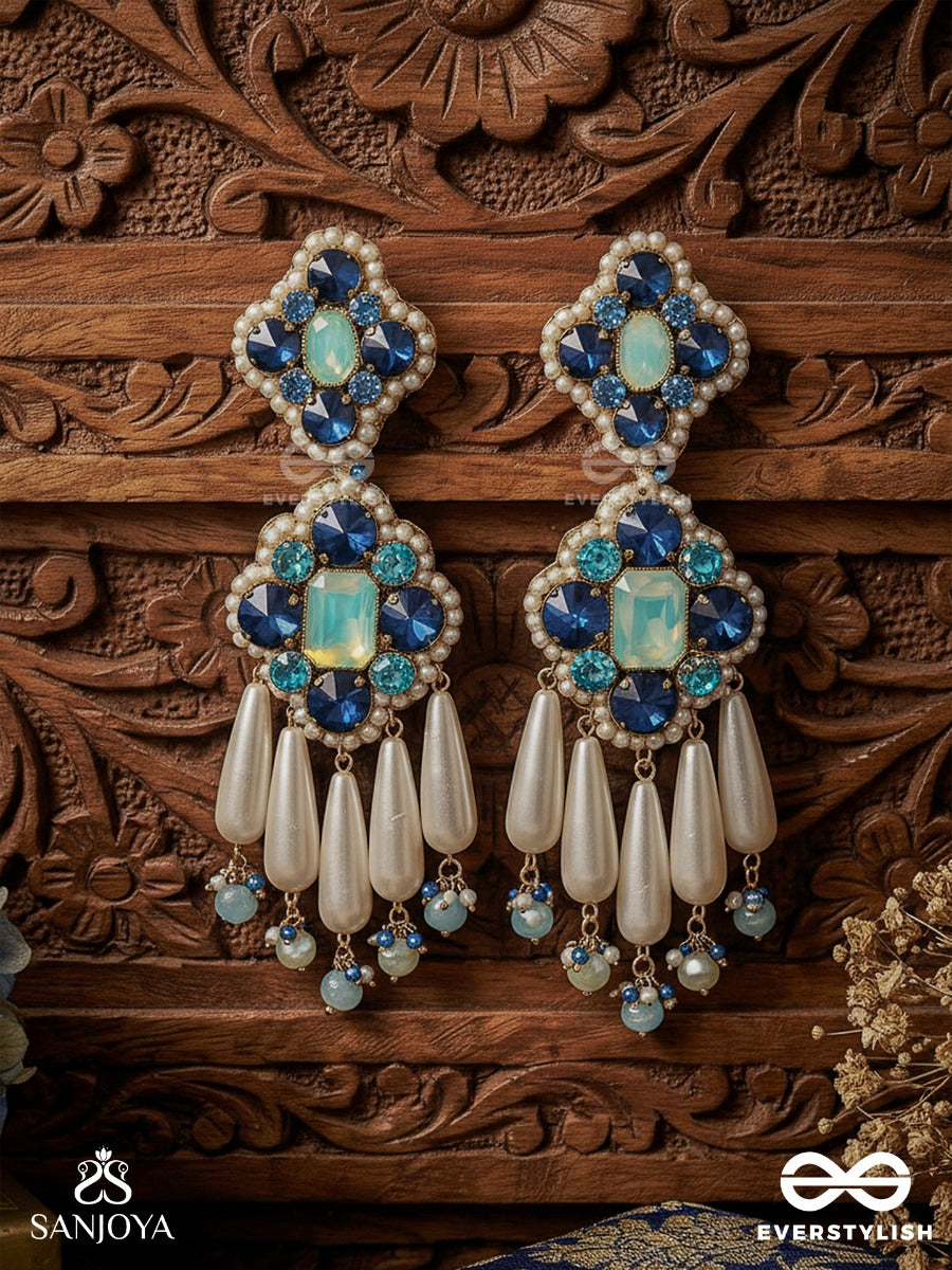 Neelkamini - Sapphire Bloom - Floral Statement Earrings With Sapphire-Tone Clusters And Ivory Drop Accents