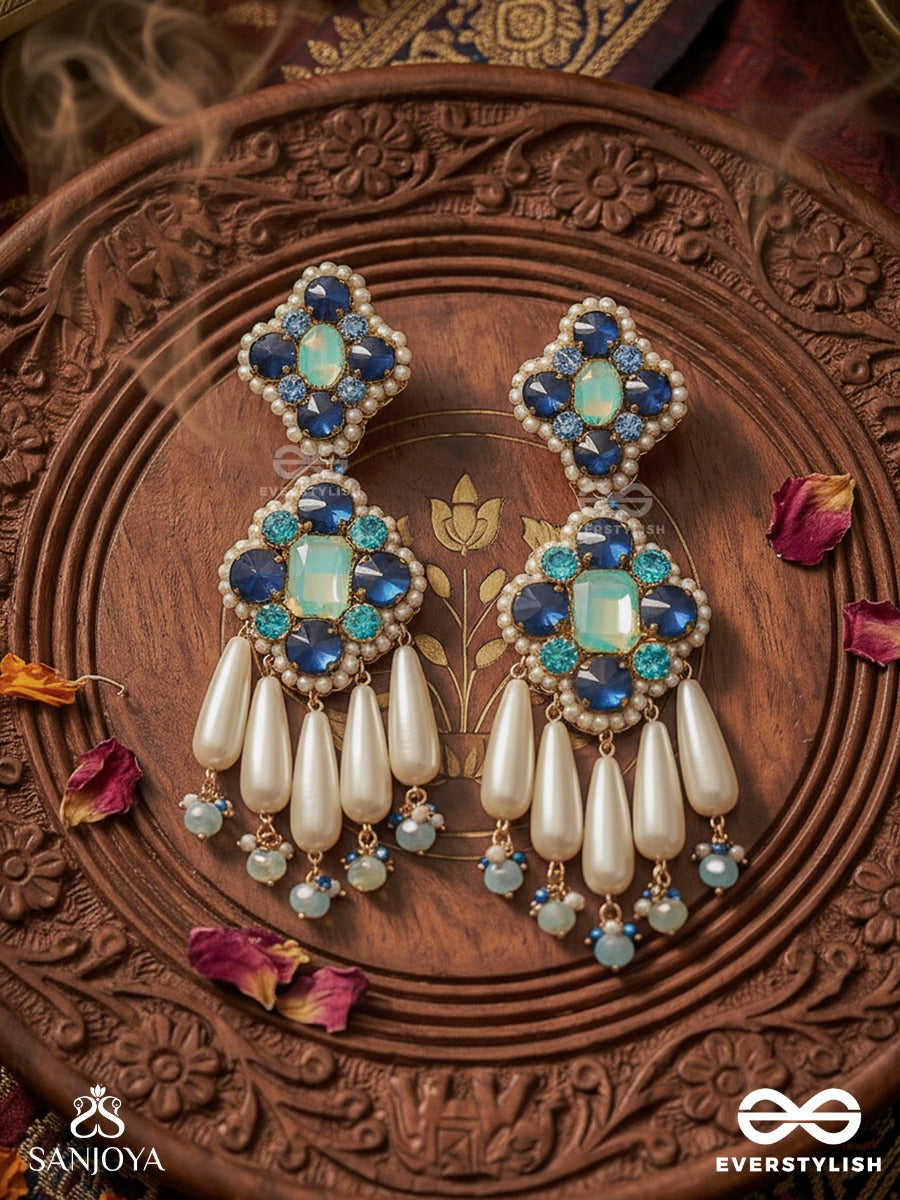 Neelkamini - Sapphire Bloom - Floral Statement Earrings With Sapphire-Tone Clusters And Ivory Drop Accents