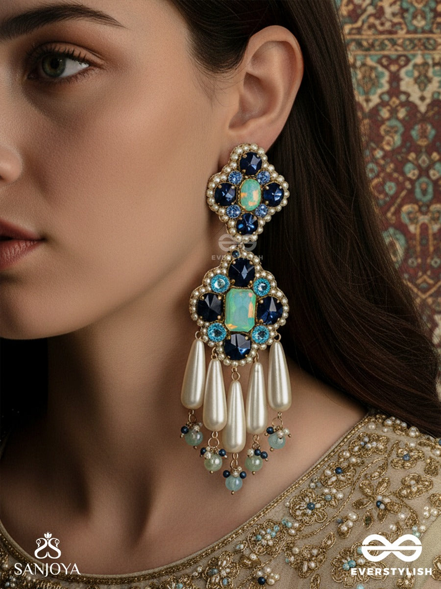 Neelkamini - Sapphire Bloom - Floral Statement Earrings With Sapphire-Tone Clusters And Ivory Drop Accents