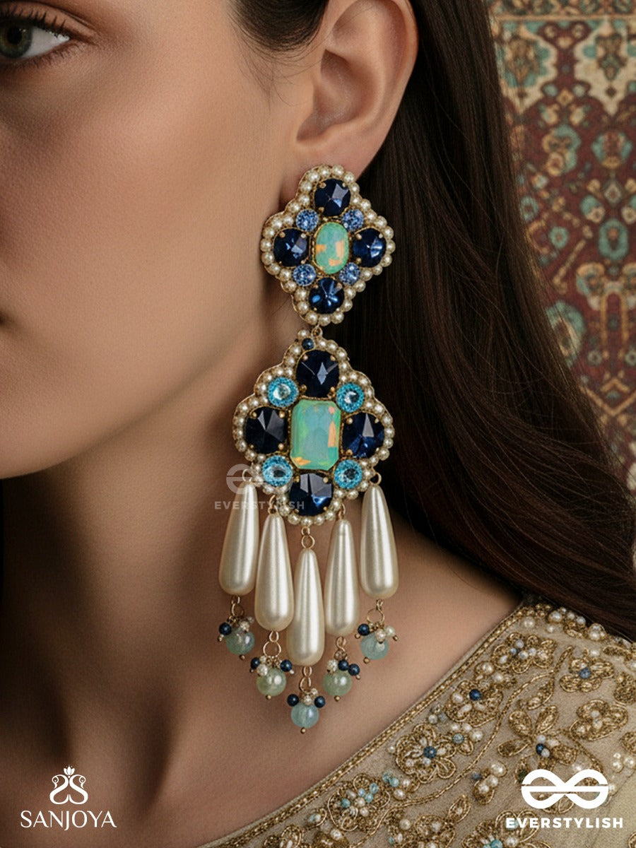 Neelkamini - Sapphire Bloom - Floral Statement Earrings With Sapphire-Tone Clusters And Ivory Drop Accents
