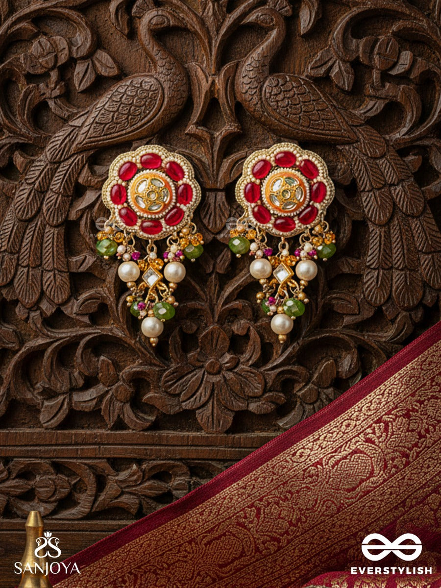 Rudravali - Crimson Bloom - Floral Kundan Earrings With Red Stone Petals, Pearl Clusters And Green Bead Drops