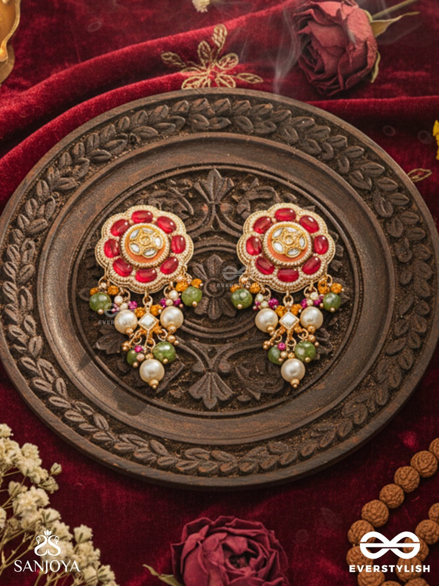 Rudravali - Crimson Bloom - Floral Kundan Earrings With Red Stone Petals, Pearl Clusters And Green Bead Drops