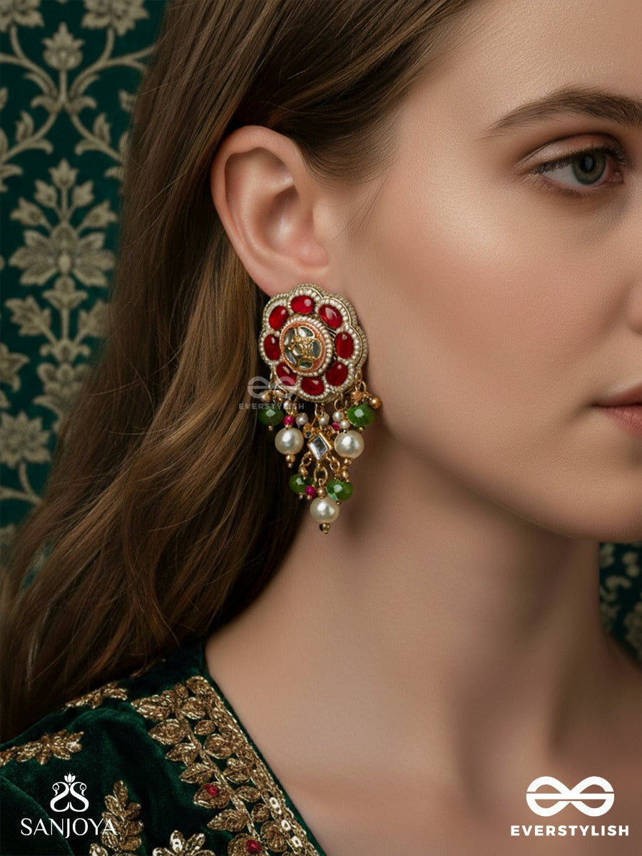 Rudravali - Crimson Bloom - Floral Kundan Earrings With Red Stone Petals, Pearl Clusters And Green Bead Drops