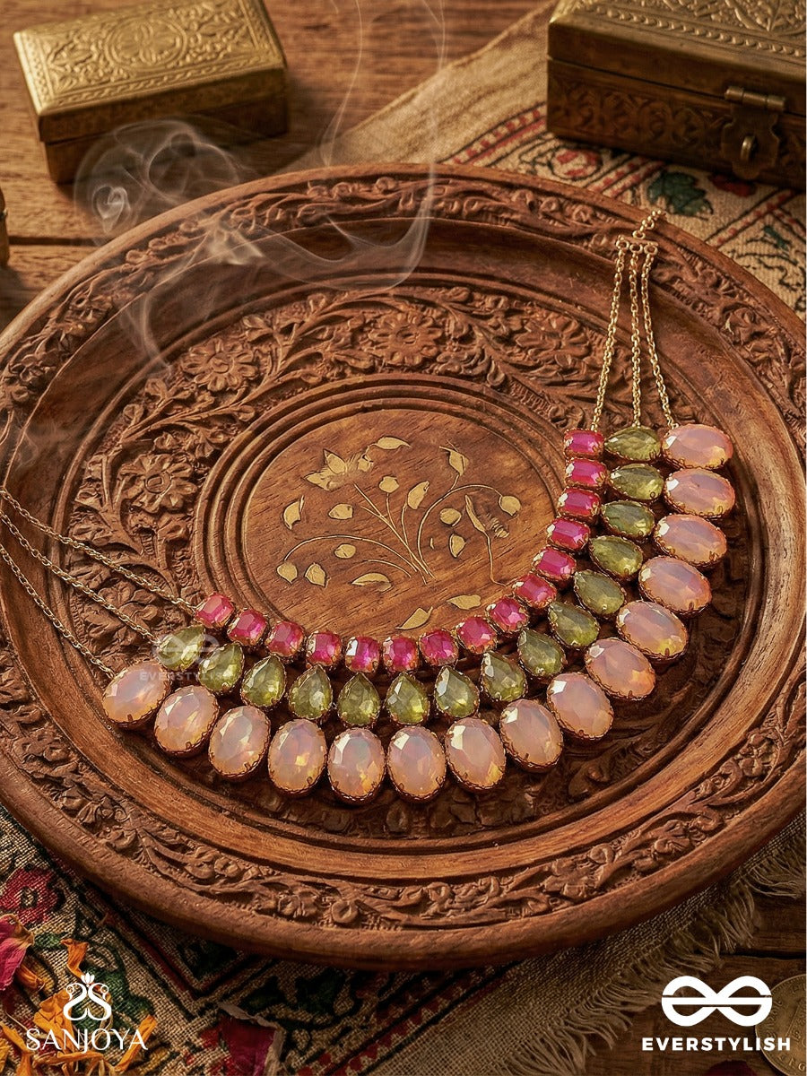 Gulbaharaa - Garden In Blossom - Colour-Rich Collar Necklace With Pink Stone Layers And Textured Green Elements