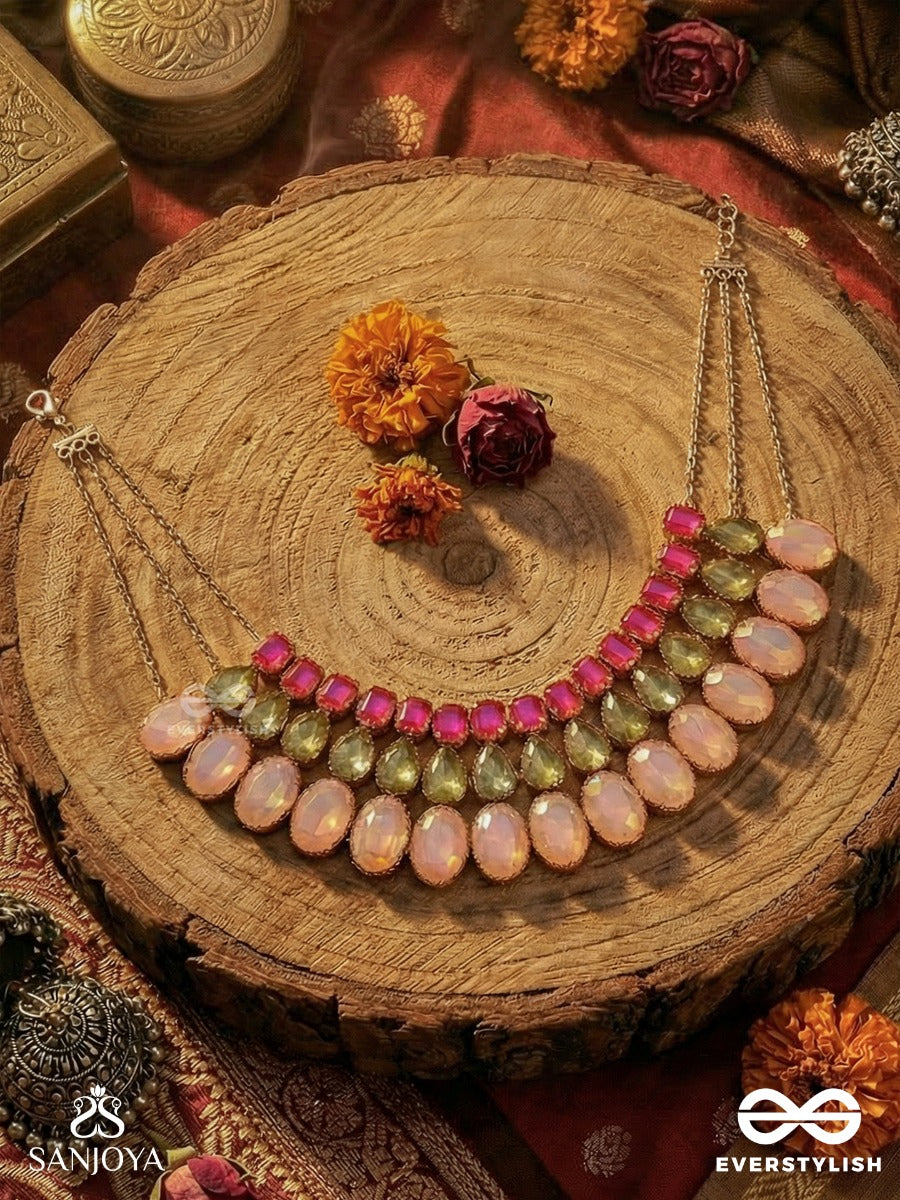 Gulbaharaa - Garden In Blossom - Colour-Rich Collar Necklace With Pink Stone Layers And Textured Green Elements