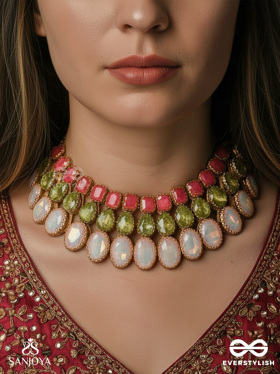 Gulbaharaa - Garden In Blossom - Colour-Rich Collar Necklace With Pink Stone Layers And Textured Green Elements