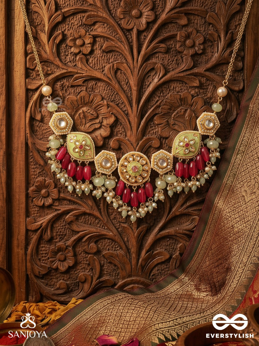 Saumitra - Gentle Radiance - Kundan Necklace With Floral Medallions And Red Drop Accents