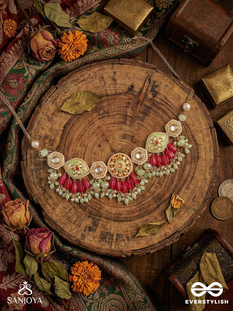 Saumitra - Gentle Radiance - Kundan Necklace With Floral Medallions And Red Drop Accents