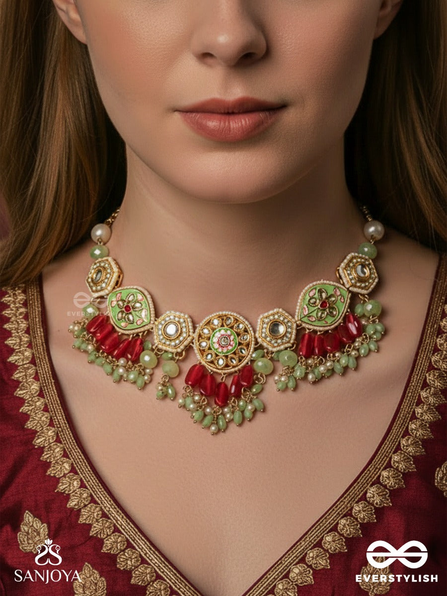 Saumitra - Gentle Radiance - Kundan Necklace With Floral Medallions And Red Drop Accents