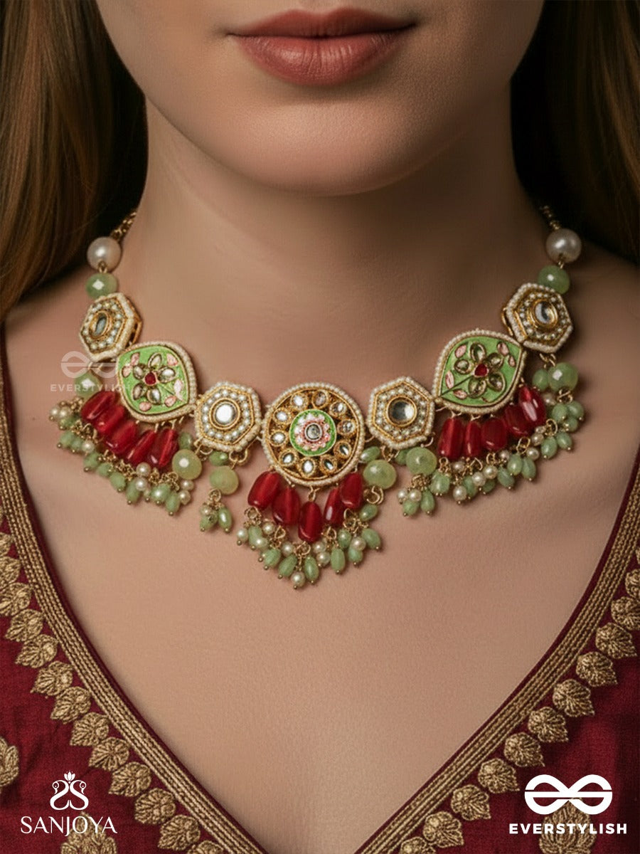 Saumitra - Gentle Radiance - Kundan Necklace With Floral Medallions And Red Drop Accents