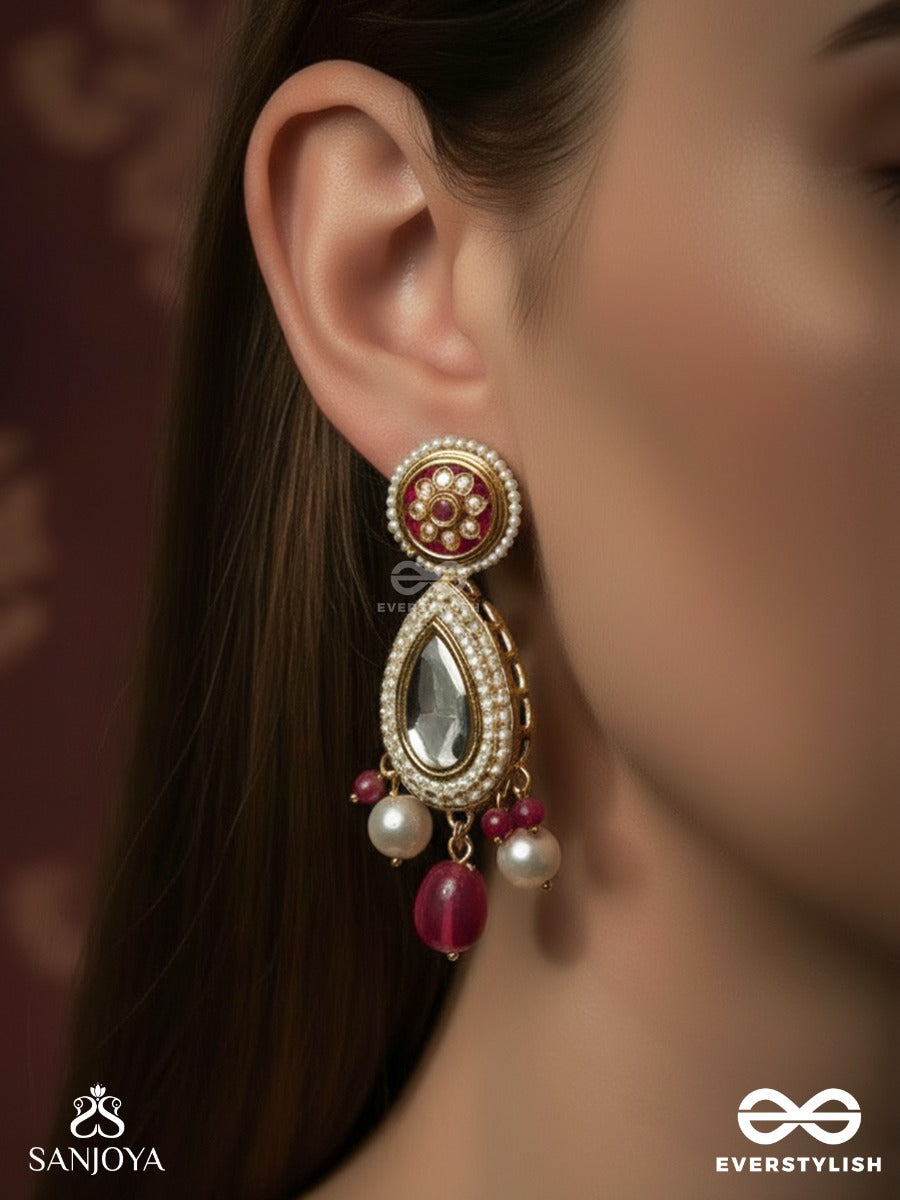Rudranisha - Crimson Twilight - Ornate Kundan Earrings With Mirror Drop And Pearl Hangings