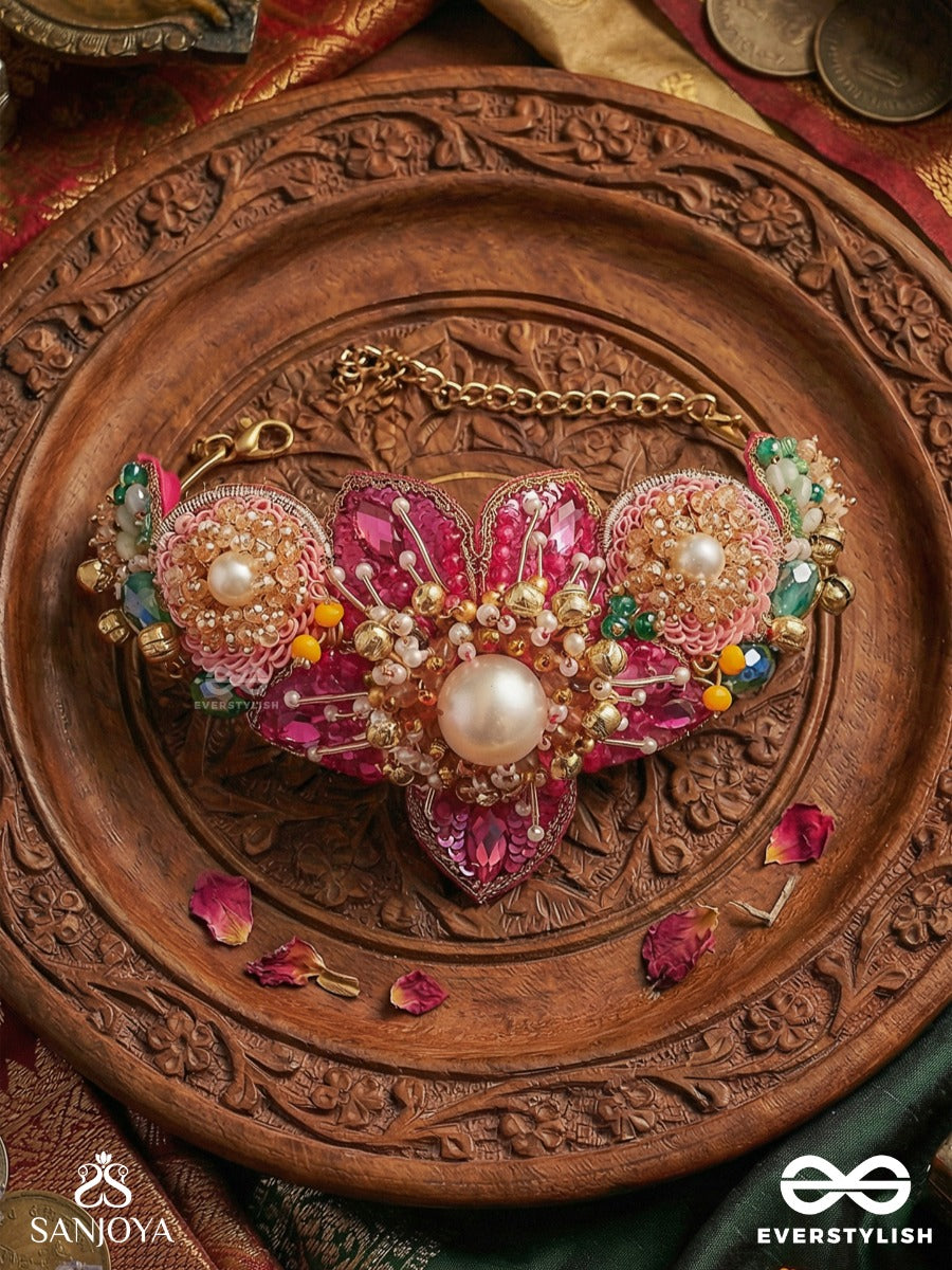 Anuraagini - Crimson Charm - Handcrafted Hair Bun Accessory With Pink Embroidered Petals And Pearl Accents