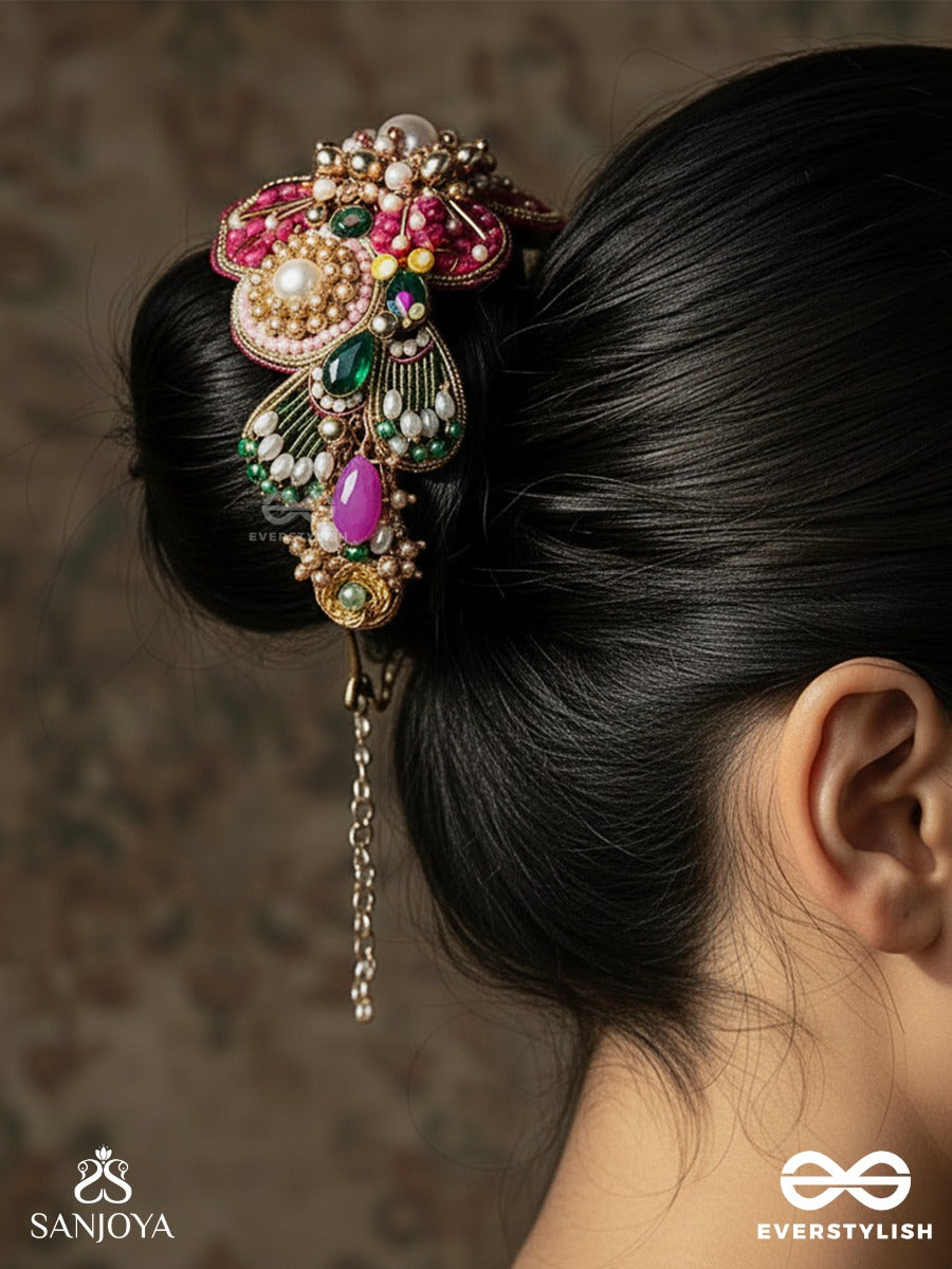 Anuraagini - Crimson Charm - Handcrafted Hair Bun Accessory With Pink Embroidered Petals And Pearl Accents