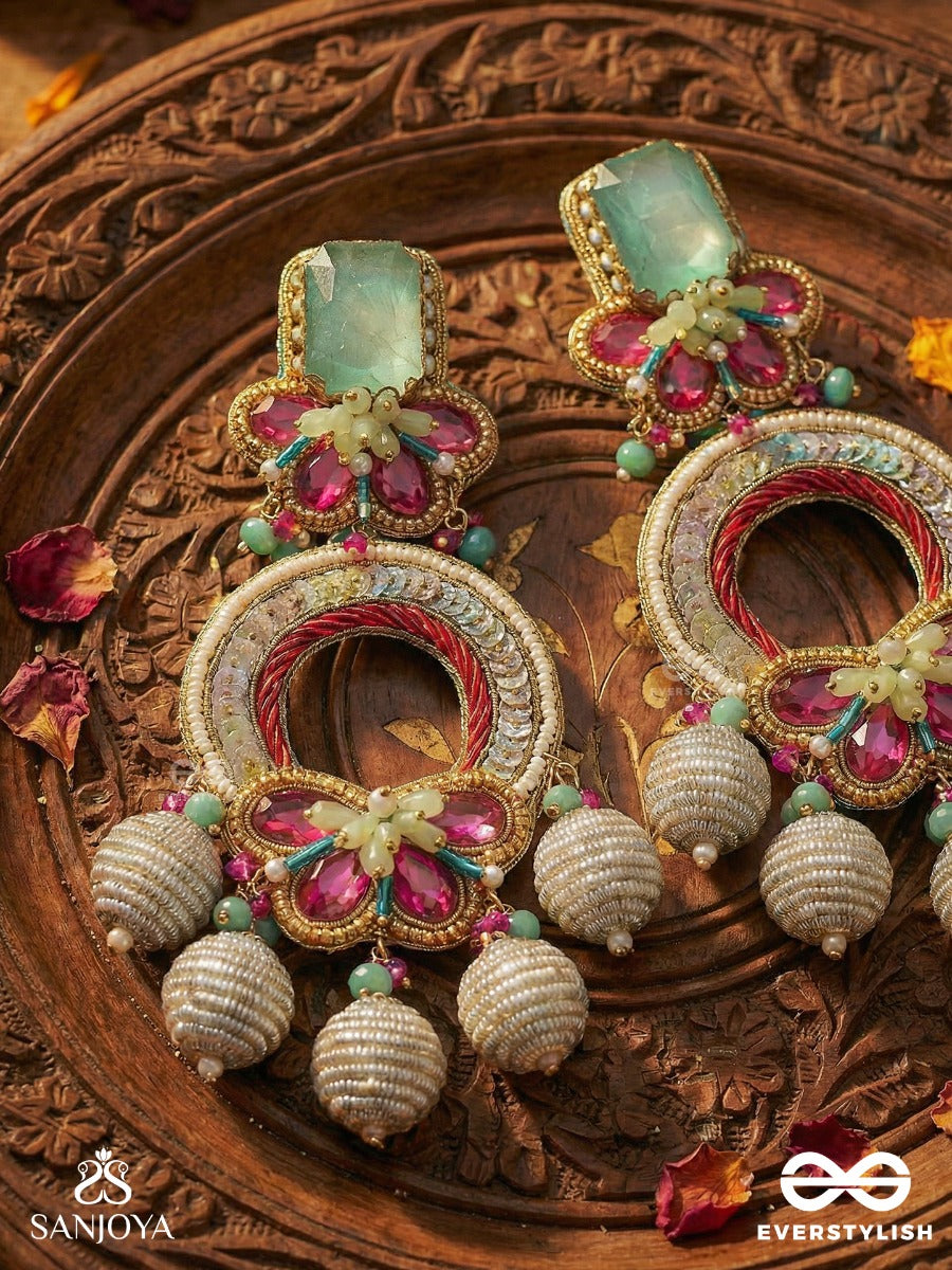 Amritaanjali - Divine Offering - Heirloom Style Earrings With Decorative Hoop, Floral Elements And Pearl Drops