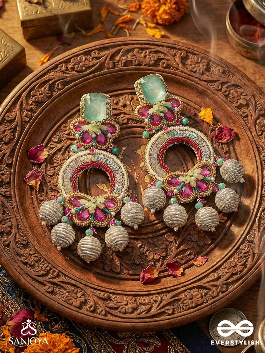 Amritaanjali - Divine Offering - Heirloom Style Earrings With Decorative Hoop, Floral Elements And Pearl Drops