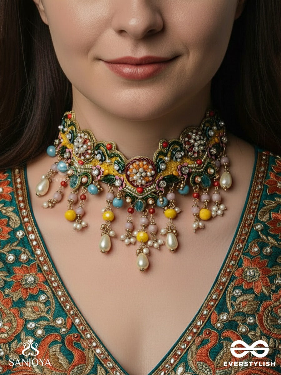 Chitrasraya - Abode Of Art - Multicolour Kundan Necklace With Meenakari Panels And Pearl Drop Fringes