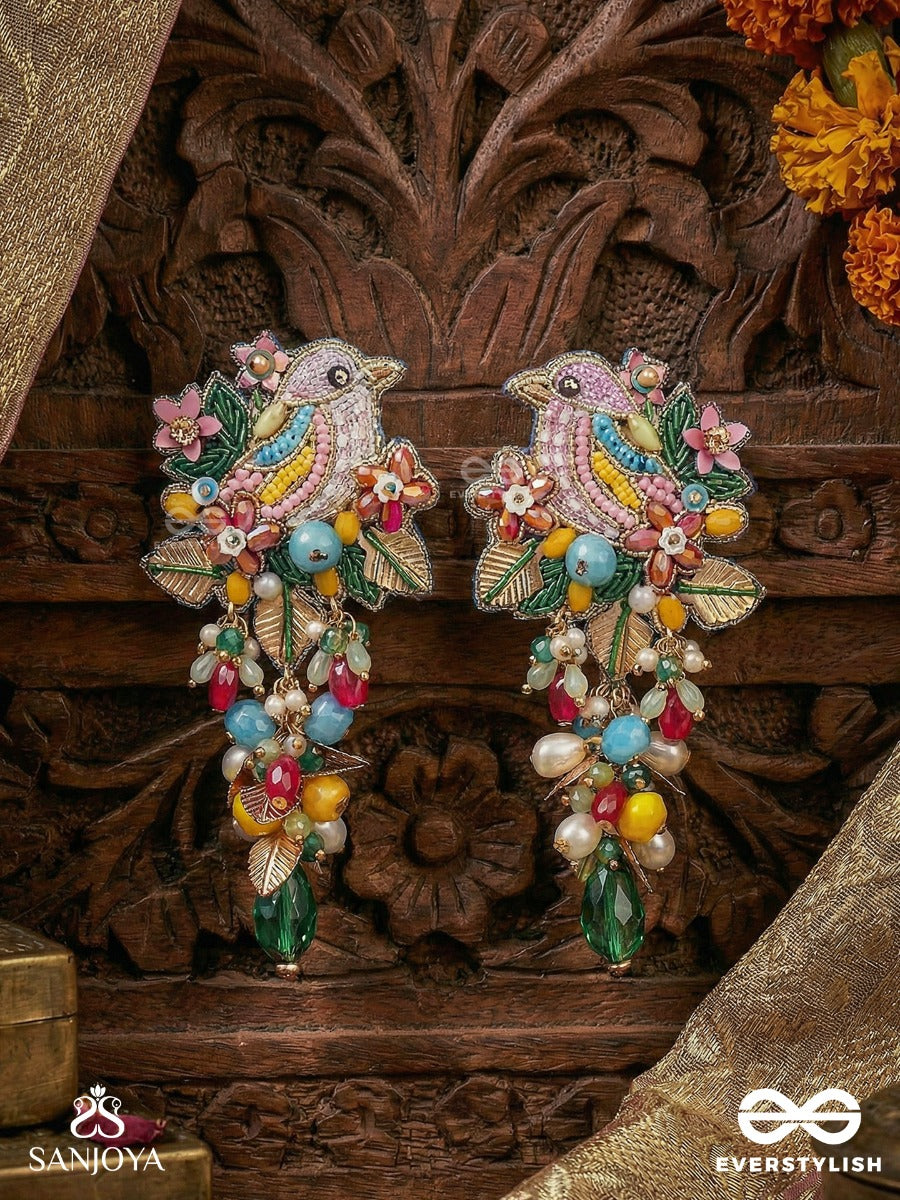 Pankhurika - Winged Bloom - Ornate Bird Design Earrings With Floral Details And Colourful Hangings
