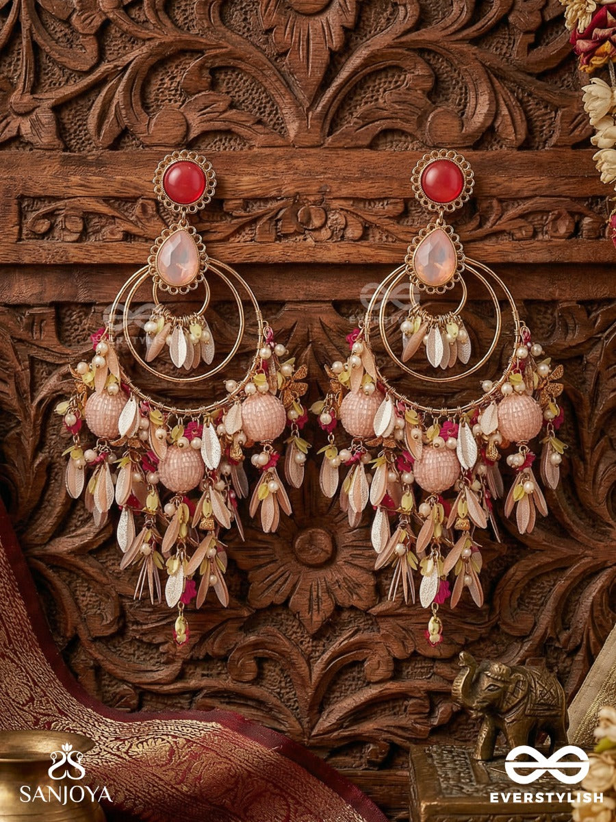 Anindita - Flawless Ornament - Statement Earrings With Peach Stone Top And Multi-Layer Drop Cascade