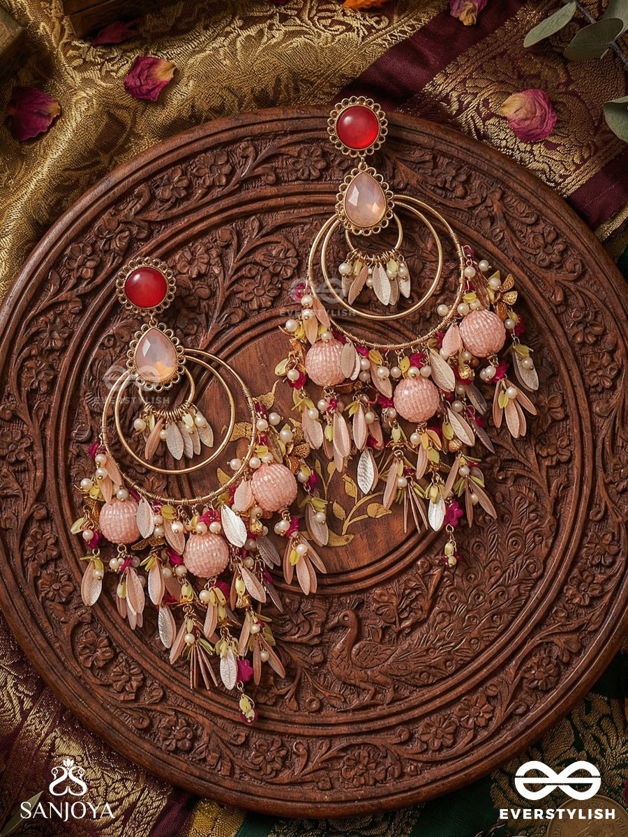 Anindita - Flawless Ornament - Statement Earrings With Peach Stone Top And Multi-Layer Drop Cascade