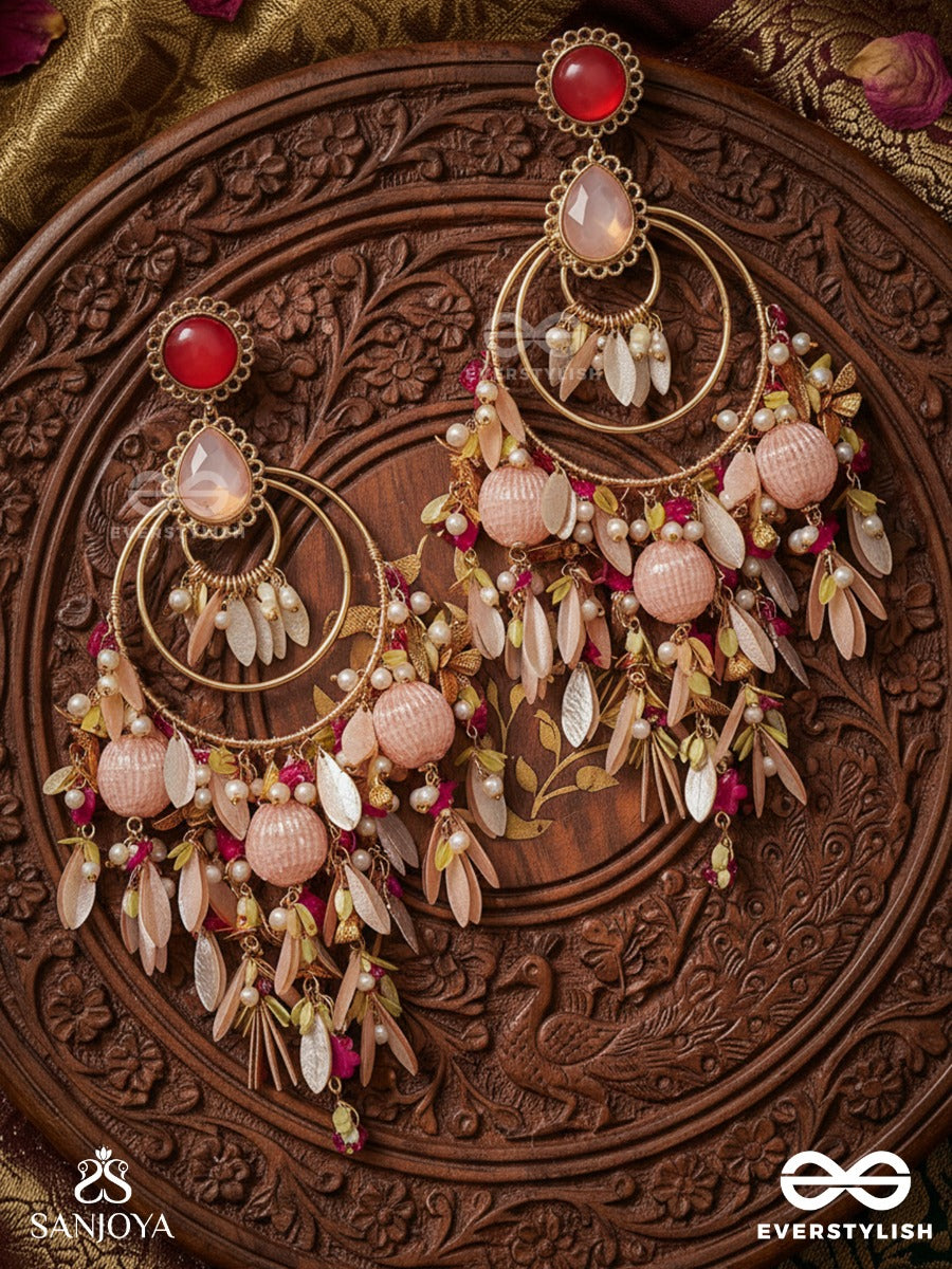 Anindita - Flawless Ornament - Statement Earrings With Peach Stone Top And Multi-Layer Drop Cascade