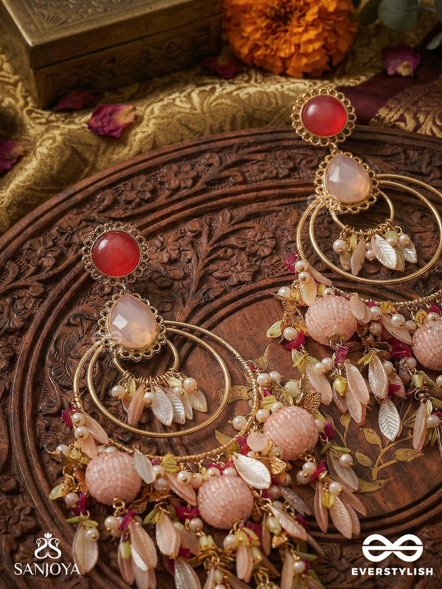 Anindita - Flawless Ornament - Statement Earrings With Peach Stone Top And Multi-Layer Drop Cascade