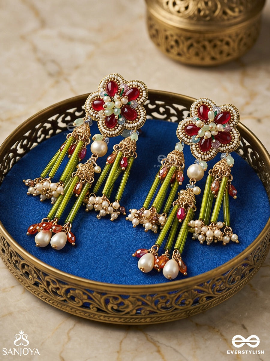 Patralika - Leafed Ornament - Floral Motif Earrings With Green Tube Tassel Drops And Pearl Accents