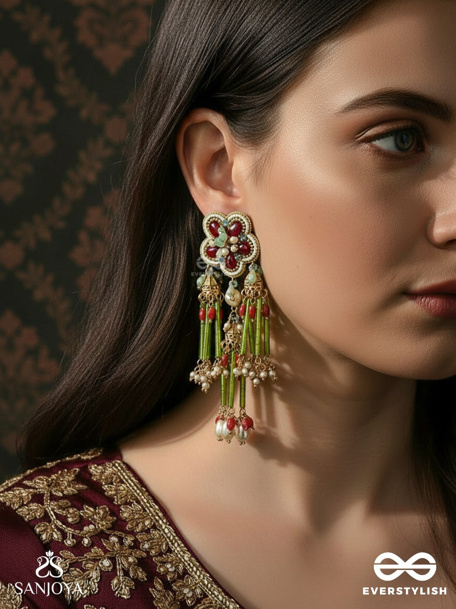 Patralika - Leafed Ornament - Floral Motif Earrings With Green Tube Tassel Drops And Pearl Accents