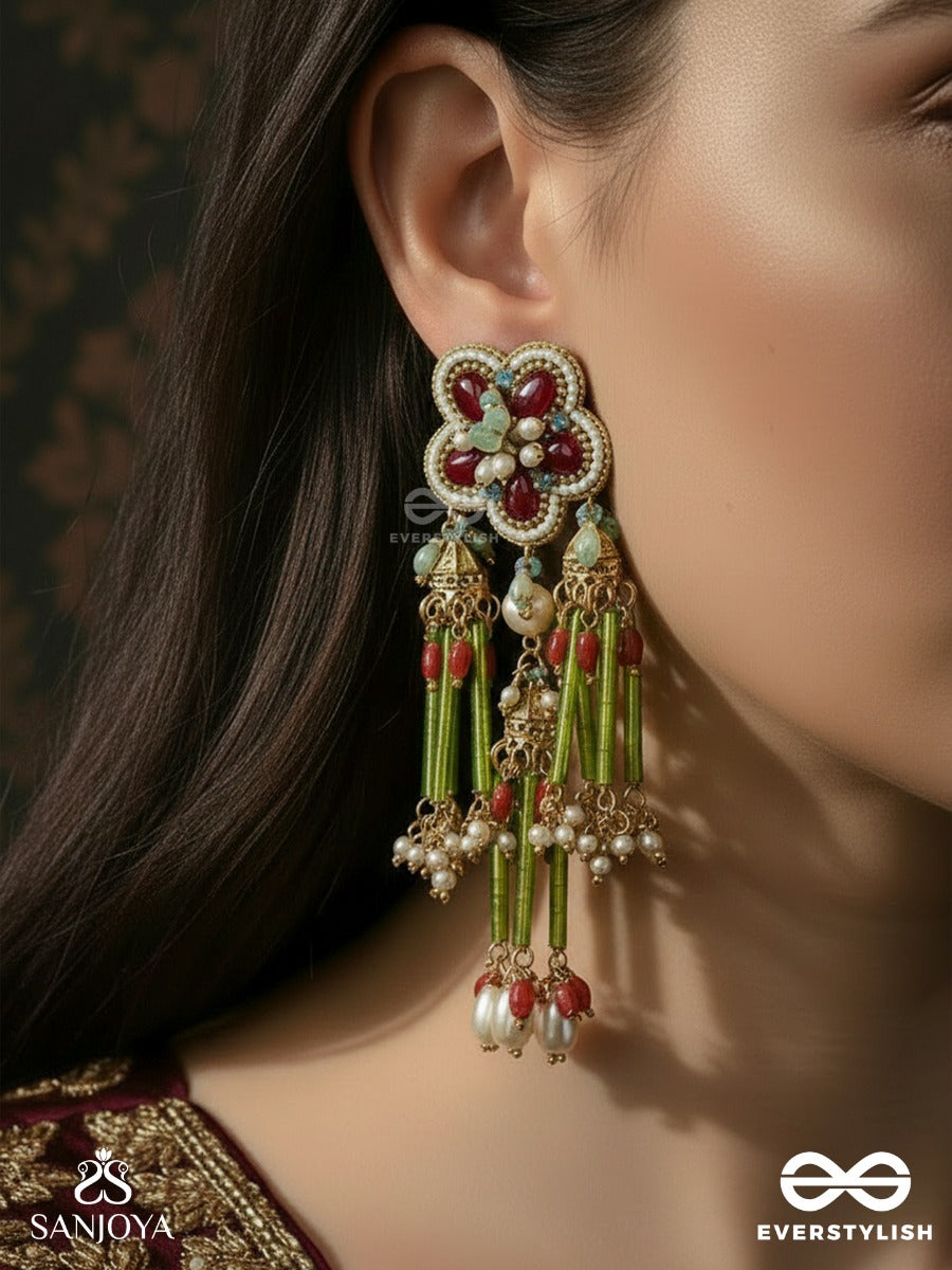 Patralika - Leafed Ornament - Floral Motif Earrings With Green Tube Tassel Drops And Pearl Accents