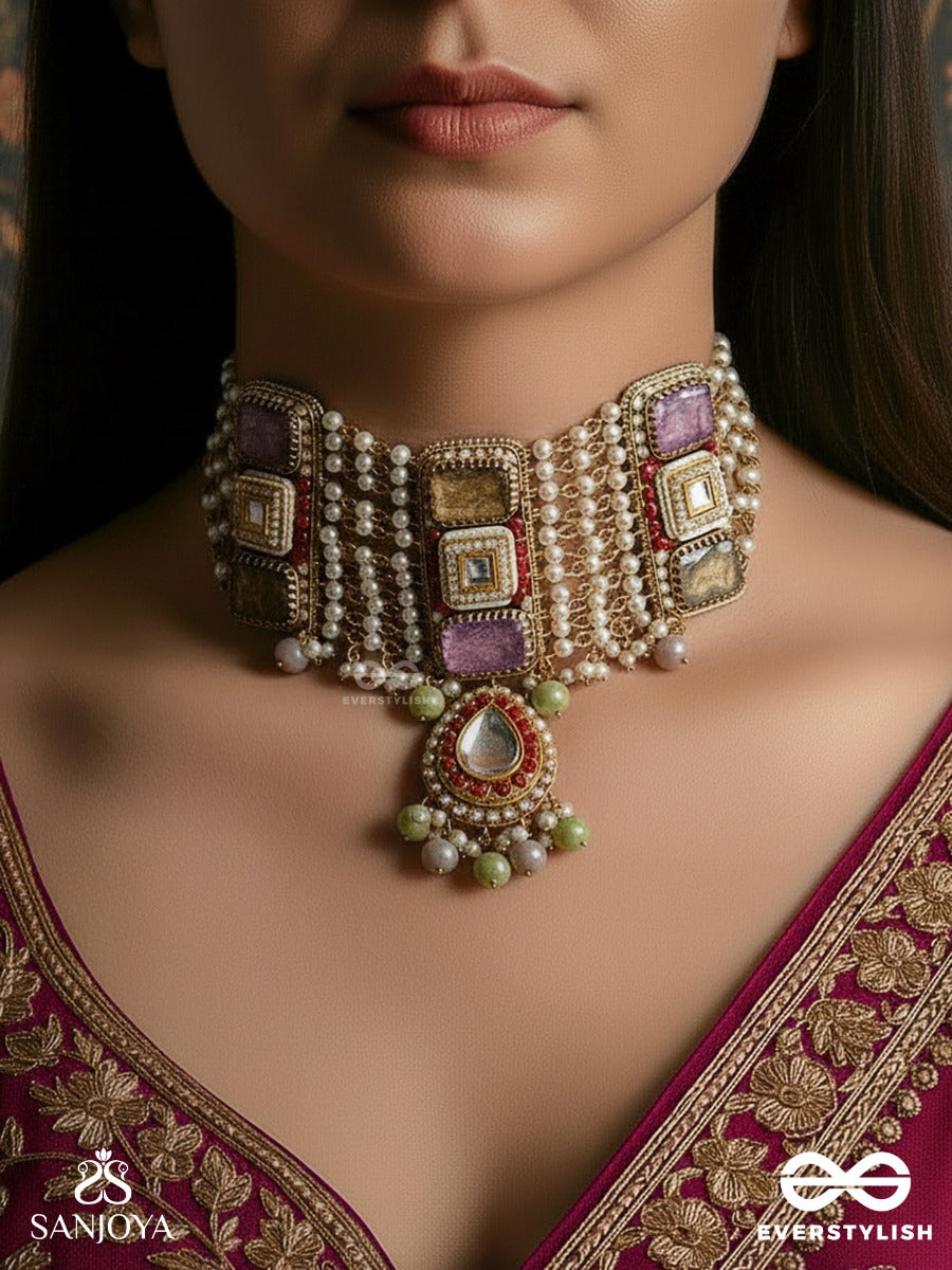 Prabhamala - Garland Of Radiance - Pearl Layer Necklace With Embellished Panels And Drop Accent